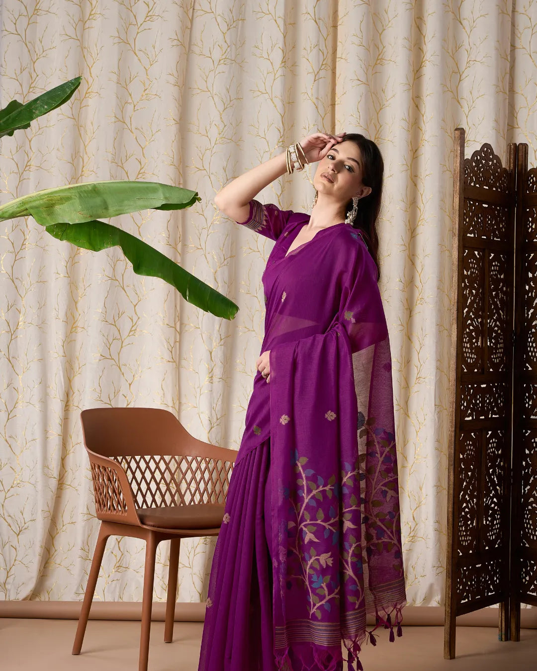 Wine Jamdani Muga Cotton Saree with Traditional Resham Border