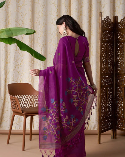 Wine Jamdani Muga Cotton Saree with Traditional Resham Border