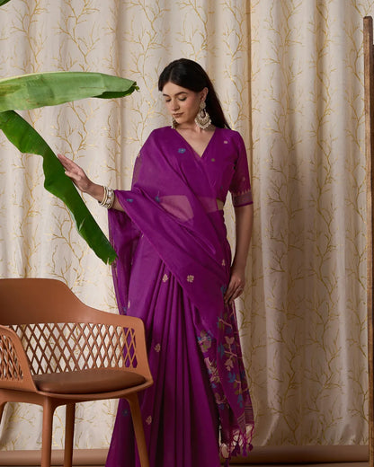 Wine Jamdani Muga Cotton Saree with Traditional Resham Border