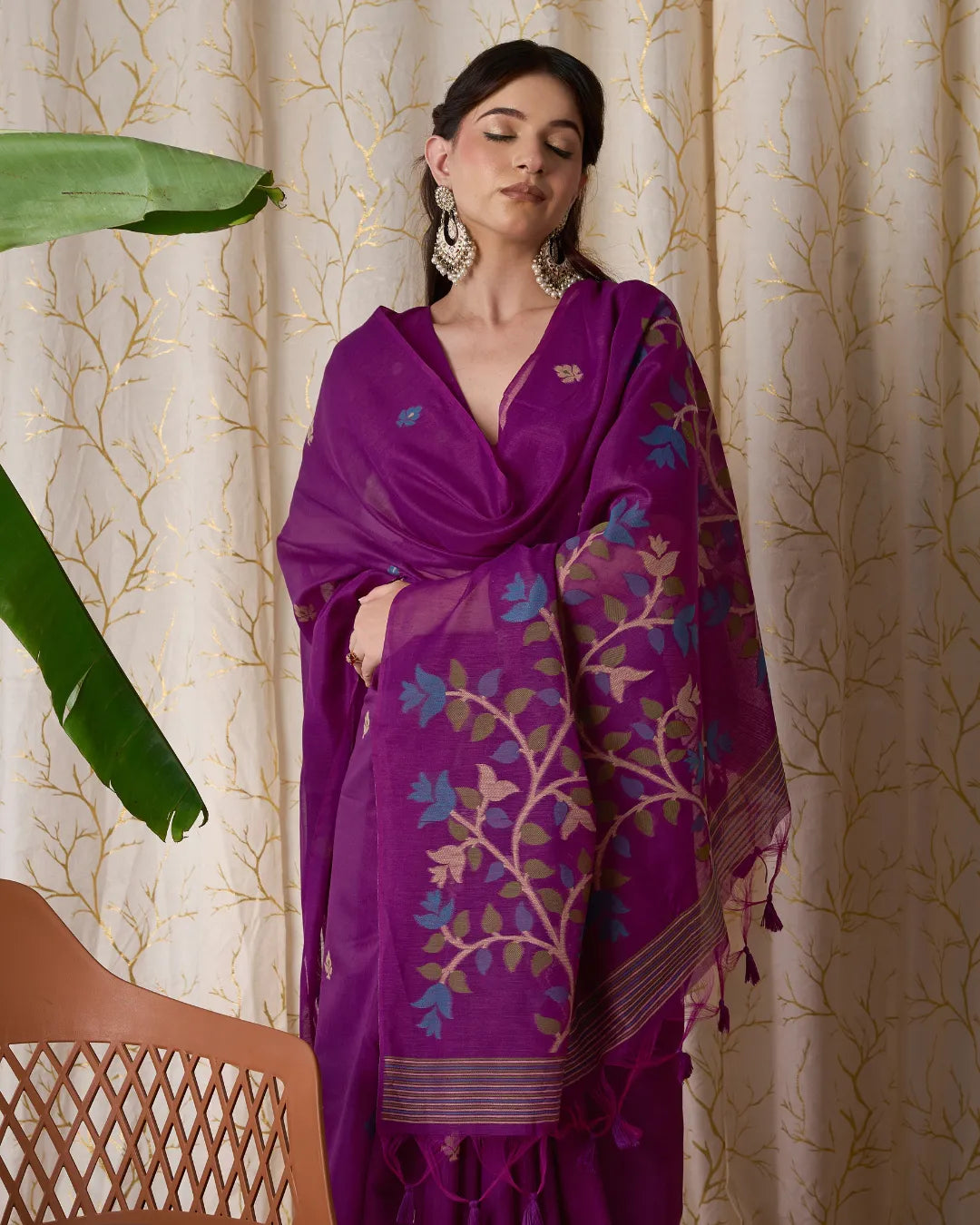 Wine Jamdani Muga Cotton Saree with Traditional Resham Border