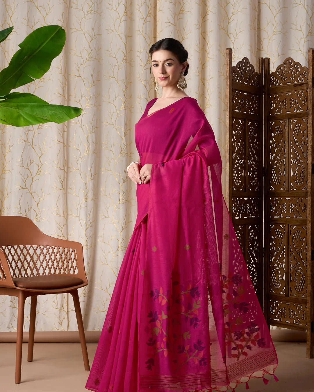 Rani Pink Jamdani Muga Cotton Saree with Traditional Resham Border