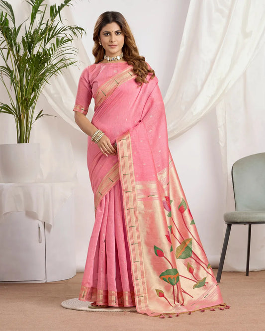 Pink Muga Cotton Paithani Saree with Lotus Jari Border