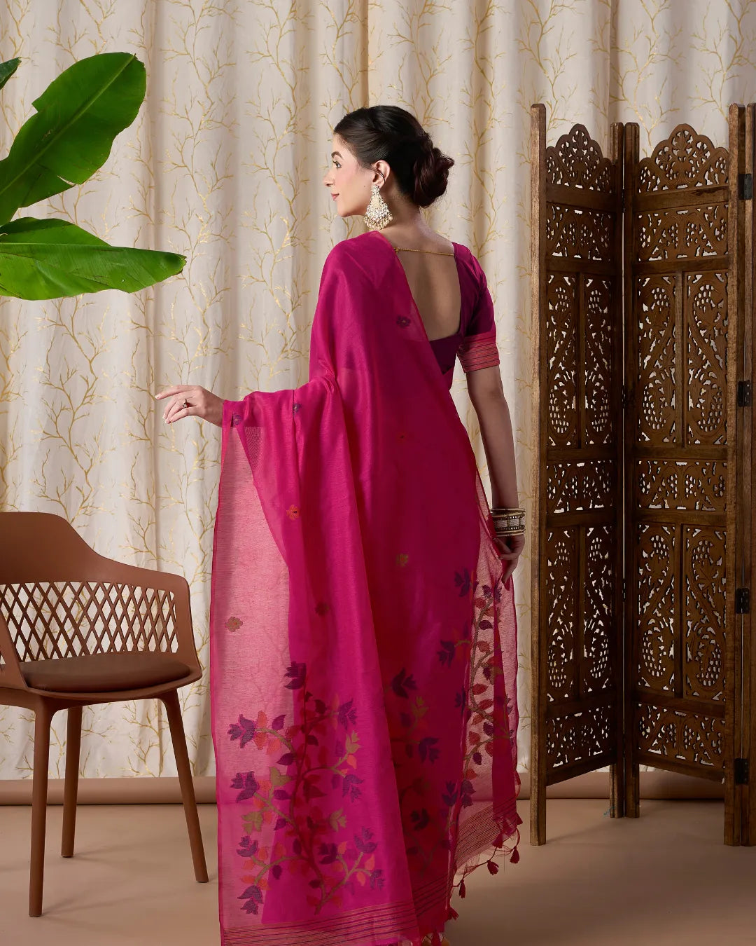 Rani Pink Jamdani Muga Cotton Saree with Traditional Resham Border