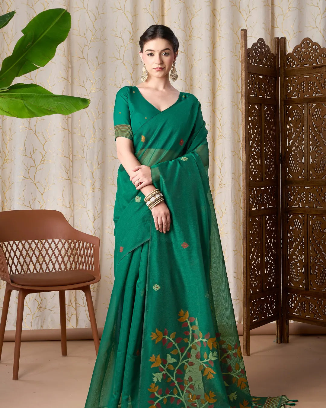Rani Pink Jamdani Muga Cotton Saree with Traditional Resham Border