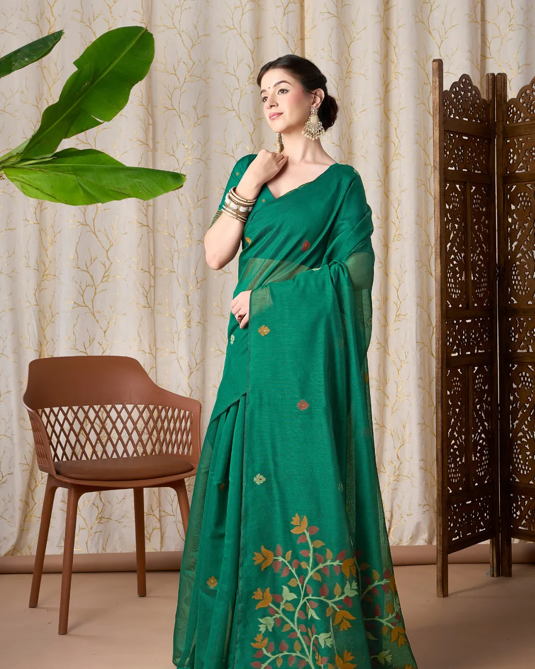 Jade Bliss – Rama Muga Cotton Saree with Jamdani Artistry