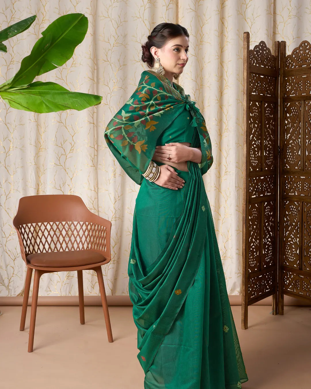 Jade Bliss – Rama Muga Cotton Saree with Jamdani Artistry