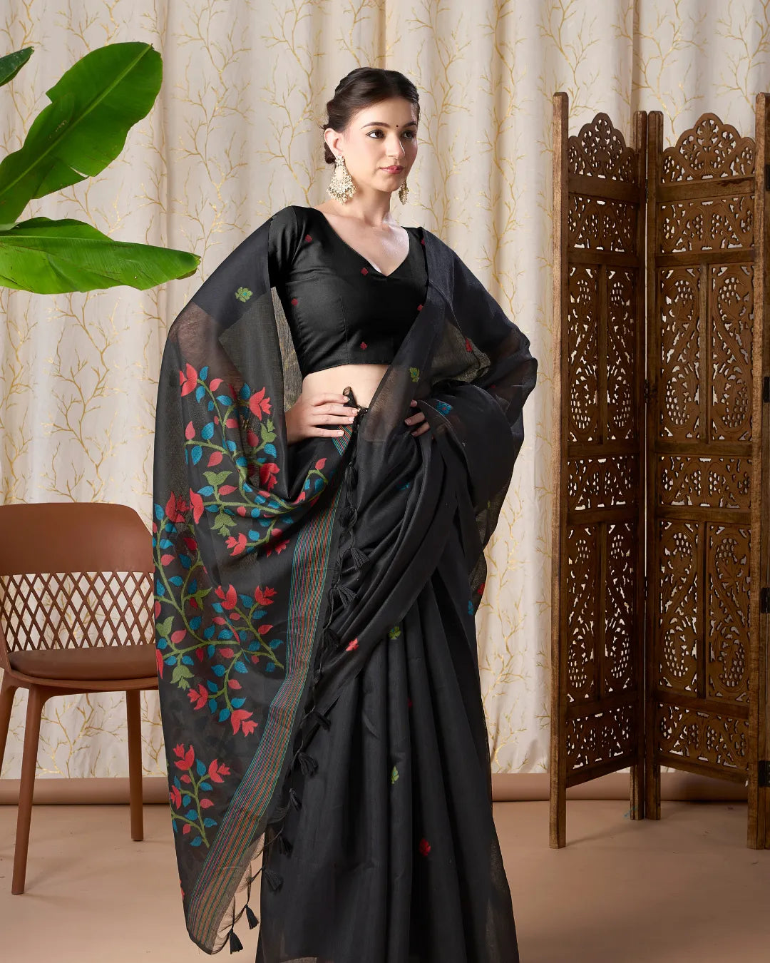 Midnight Radiance – Black Muga Cotton Saree with Jamdani Artistry
