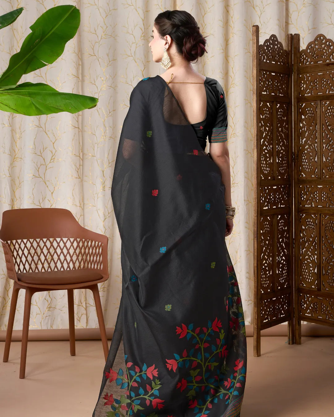 Midnight Radiance – Black Muga Cotton Saree with Jamdani Artistry