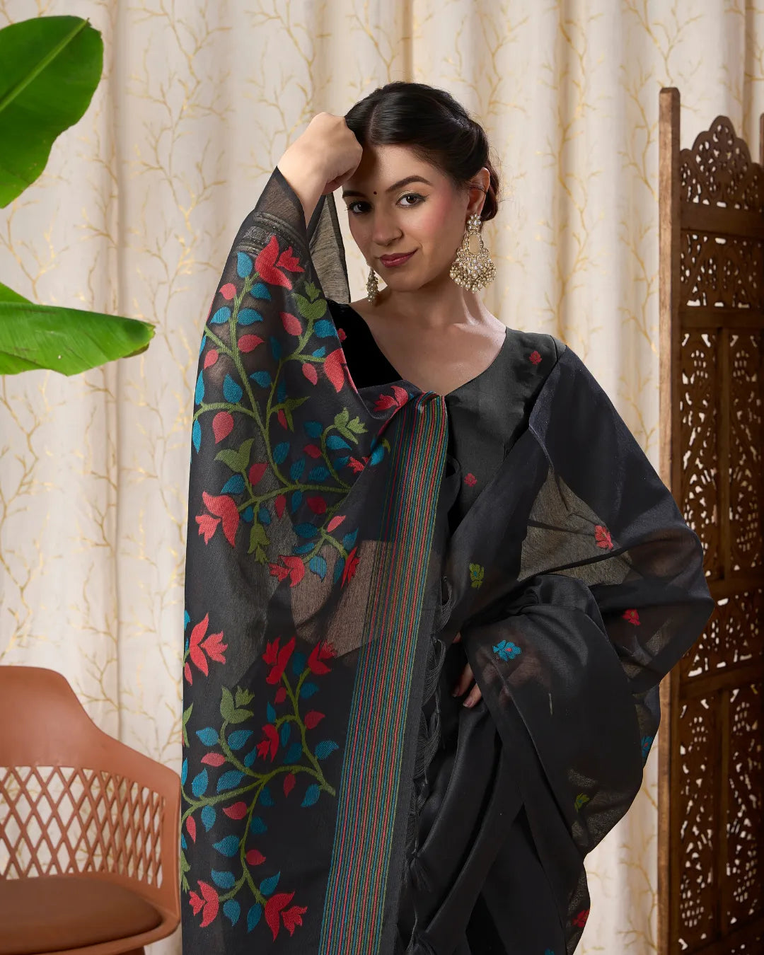 Midnight Radiance – Black Muga Cotton Saree with Jamdani Artistry