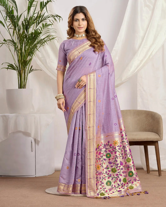 Lavender Muga Cotton Paithani Saree with Floral Jari Border