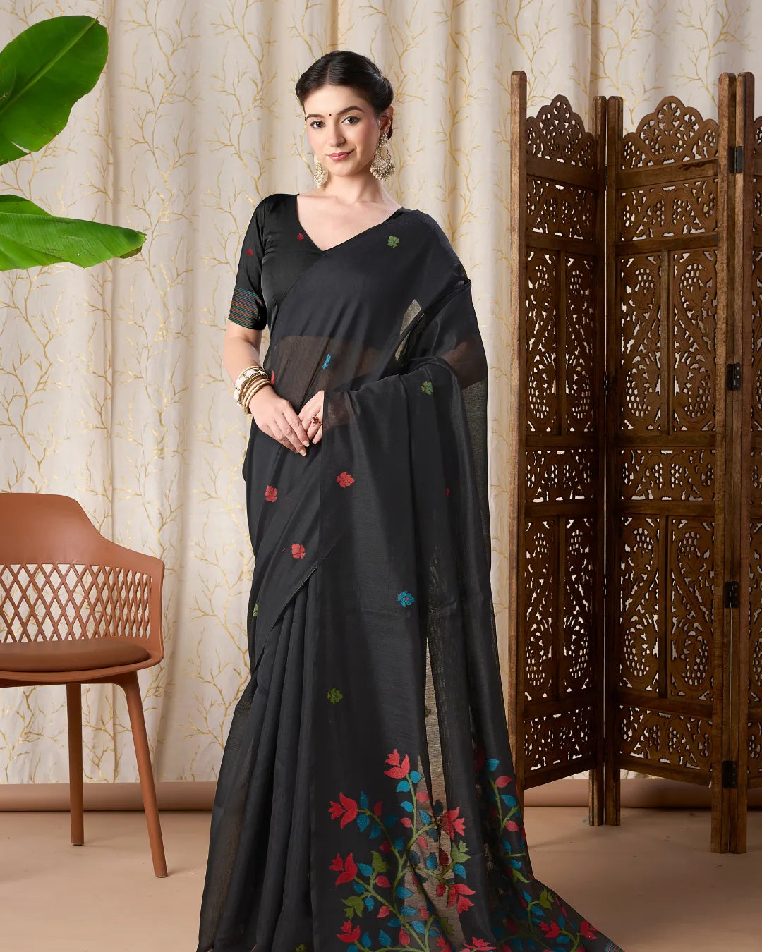 Wine Jamdani Muga Cotton Saree with Traditional Resham Border