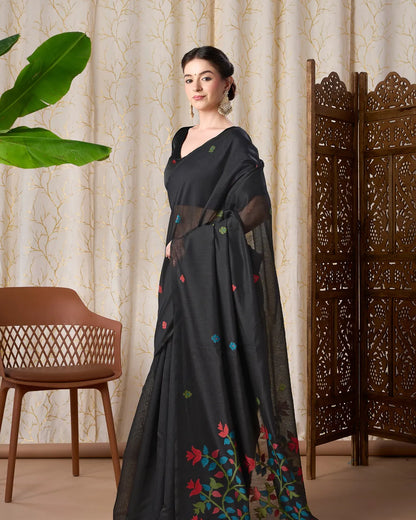 Midnight Radiance – Black Muga Cotton Saree with Jamdani Artistry