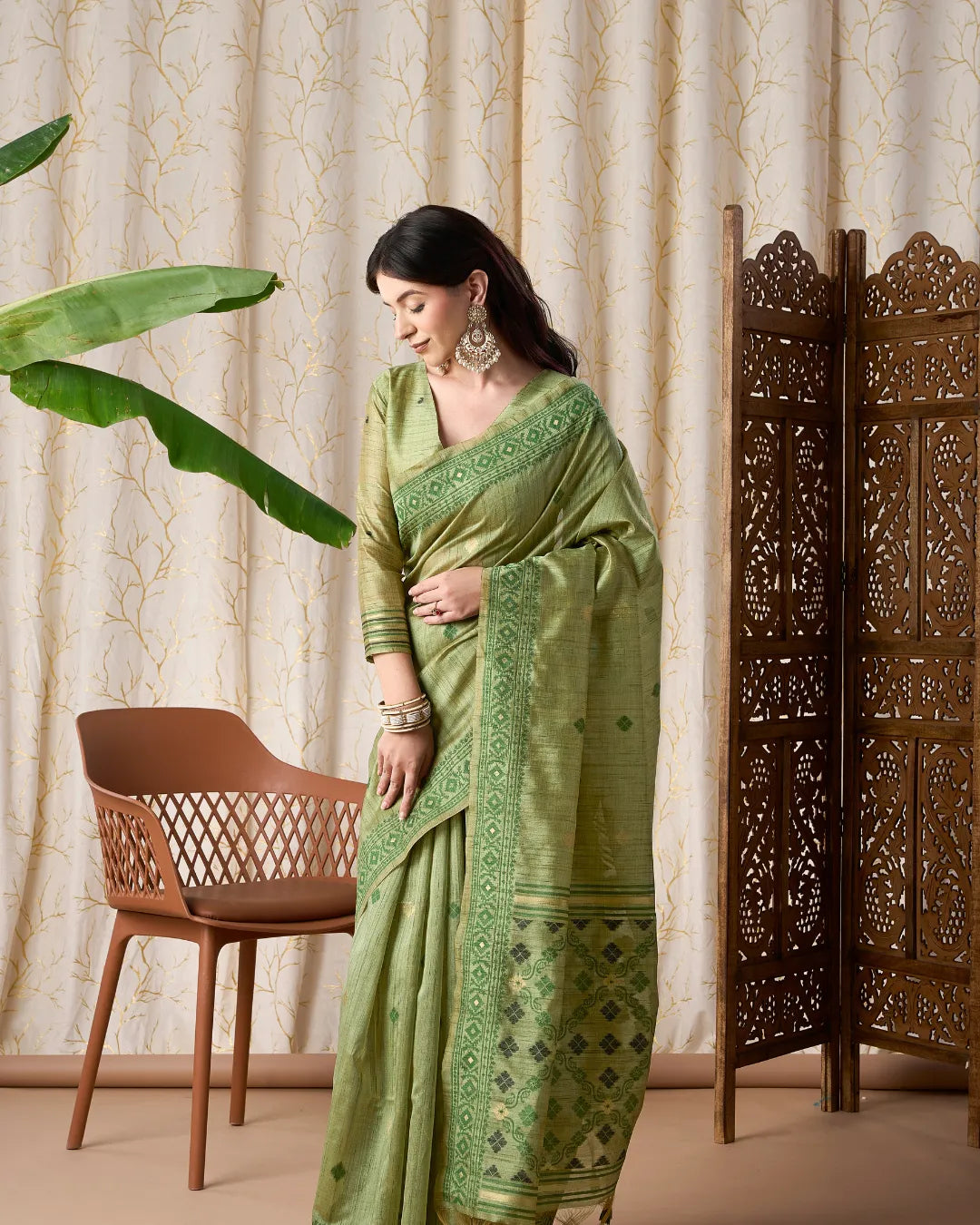 Dark Pista Tassar Silk Saree with Jamdani Resham Border