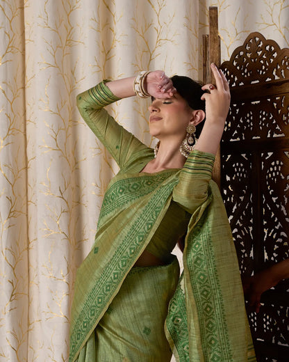 Dark Pista Tassar Silk Saree with Jamdani Resham Border