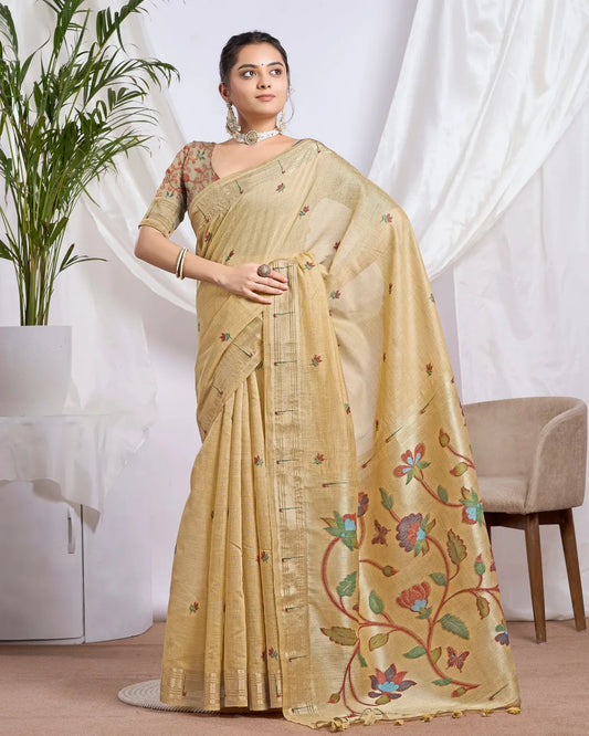 Mustard Yellow Muga Cotton Paithani Saree with Floral Jari Border