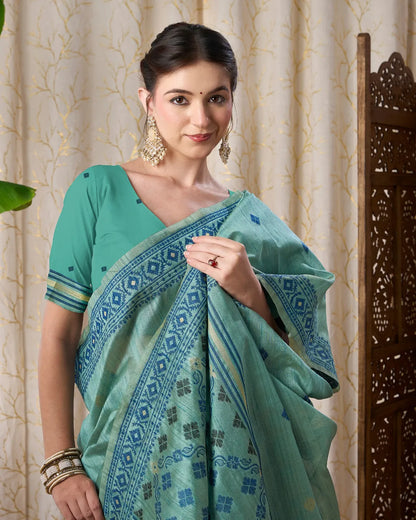 Azure Dreams – Sky Blue Tassar Silk Saree with Jamdani Elegance
