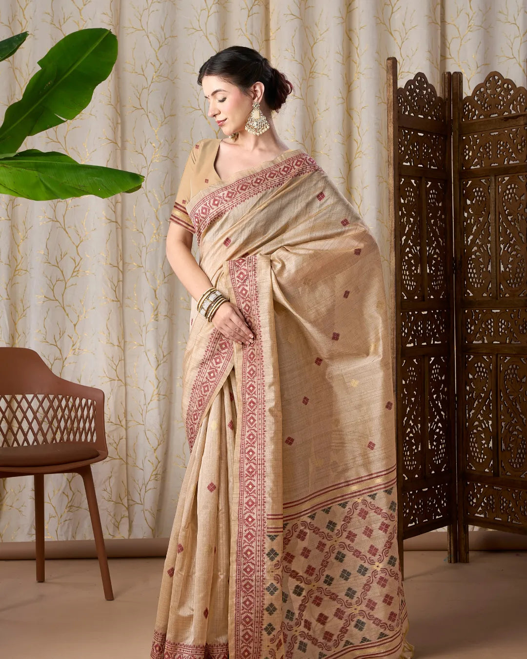 Ivory Heritage – Chikoo Tassar Silk Saree with Jamdani Grace