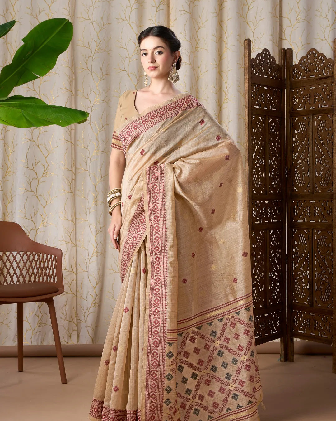 Onion Pink Jamdani Tassar Silk Saree with Resham Border