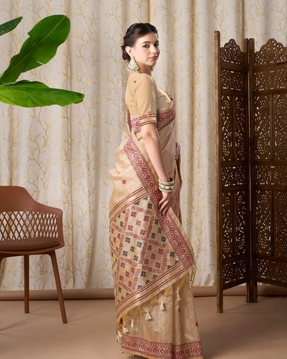 Ivory Heritage – Chikoo Tassar Silk Saree with Jamdani Grace
