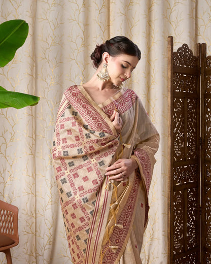 Ivory Heritage – Chikoo Tassar Silk Saree with Jamdani Grace