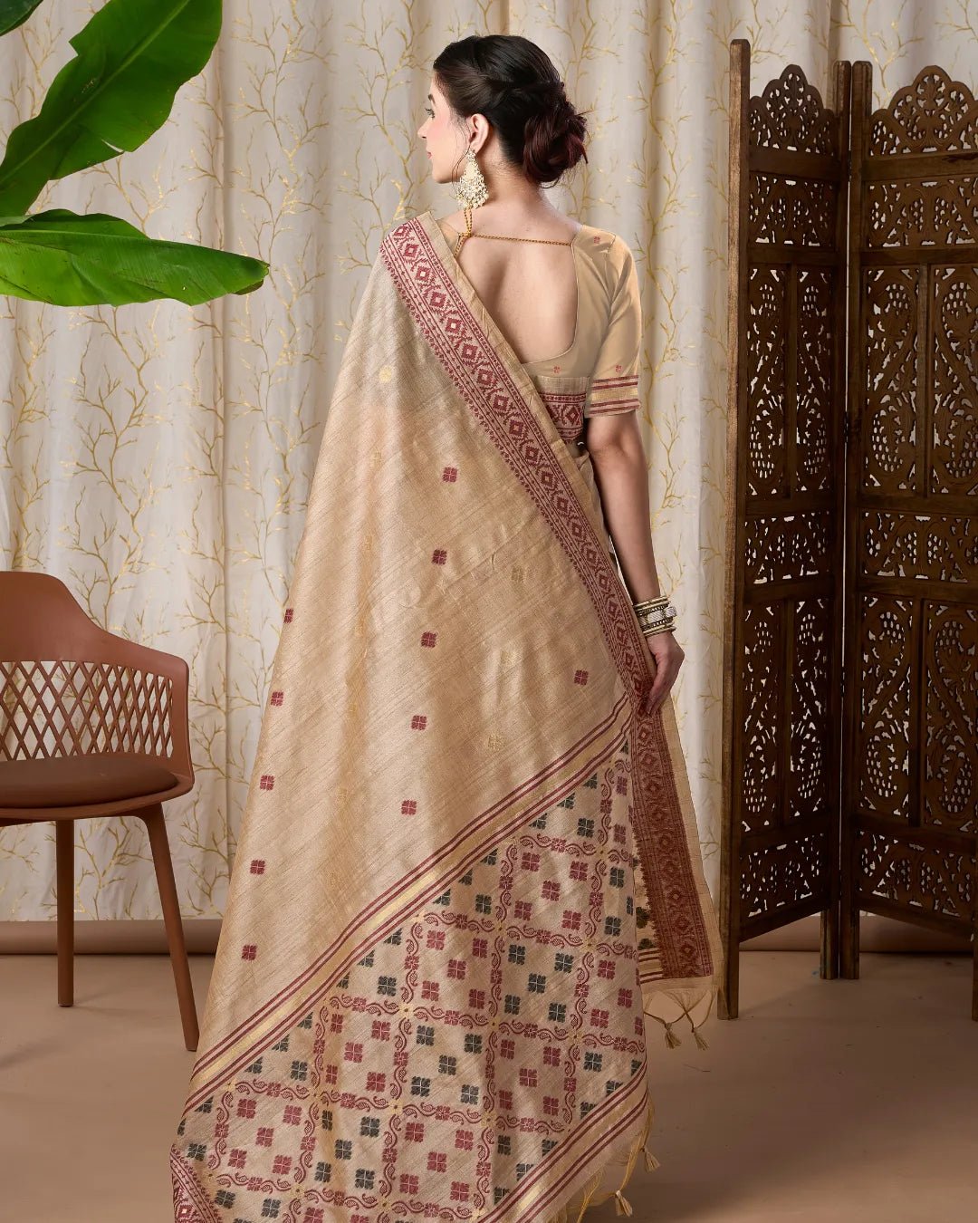 Ivory Heritage – Chikoo Tassar Silk Saree with Jamdani Grace
