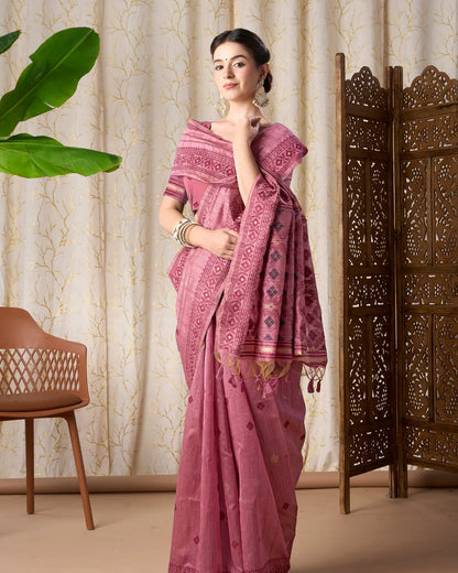 Onion Pink Jamdani Tassar Silk Saree with Resham Border