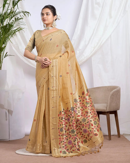 Golden Splendor - Yellow Muga Cotton Paithani Saree with Floral Jari Border