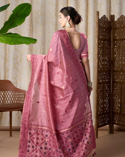 Onion Pink Jamdani Tassar Silk Saree with Resham Border