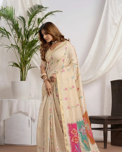 Chikoo Muga Cotton Saree with Rangkat Pallu and Jari Patti