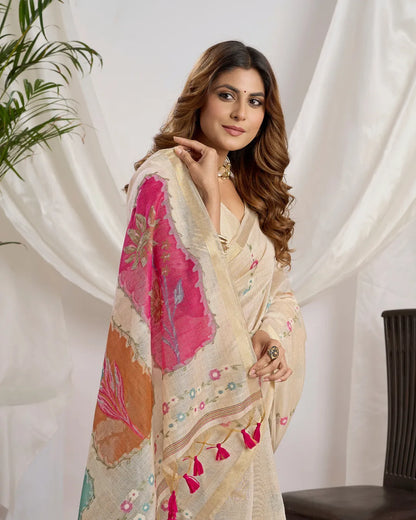 Chikoo Muga Cotton Saree with Rangkat Pallu and Jari Patti