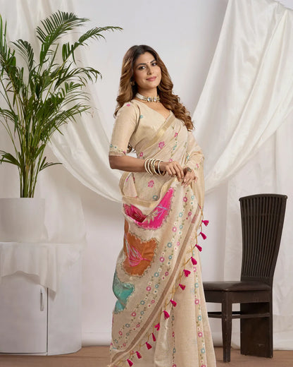 Chikoo Muga Cotton Saree with Rangkat Pallu and Jari Patti