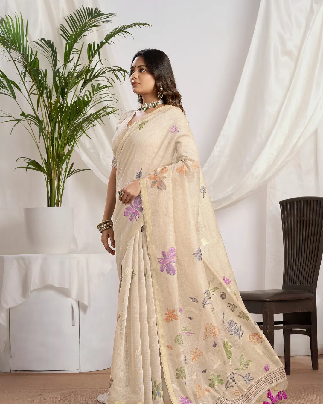 Mocha Radiance - Chikoo Muga Cotton Saree with Fancy Jari Border and Floral Pallu