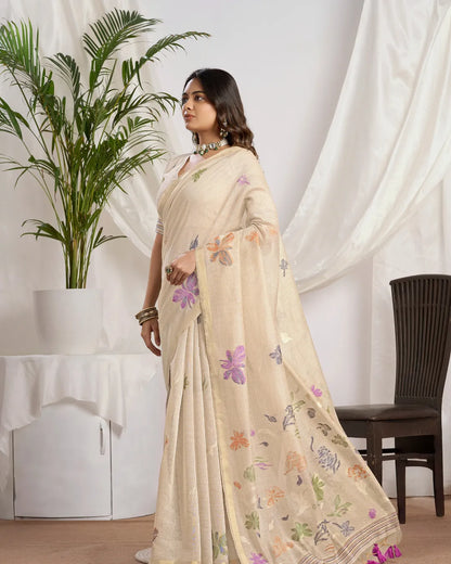 Mocha Radiance - Chikoo Muga Cotton Saree with Fancy Jari Border and Floral Pallu