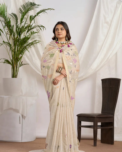 Mocha Radiance - Chikoo Muga Cotton Saree with Fancy Jari Border and Floral Pallu
