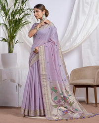Lavender Muga Cotton Paithani Saree with Floral Jari Border