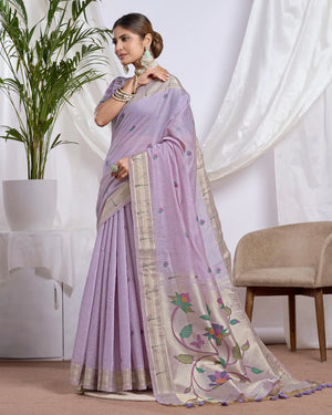 Lavender Muga Cotton Paithani Saree with Floral Jari Border