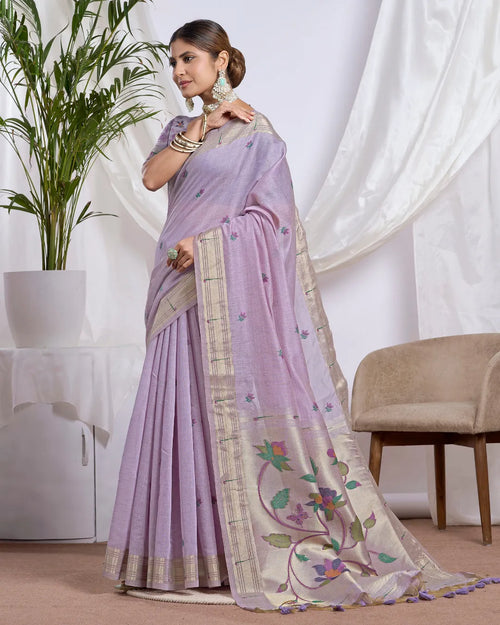 Lavender Muga Cotton Paithani Saree with Floral Jari Border