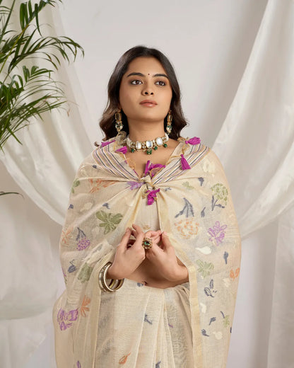 Mocha Radiance - Chikoo Muga Cotton Saree with Fancy Jari Border and Floral Pallu