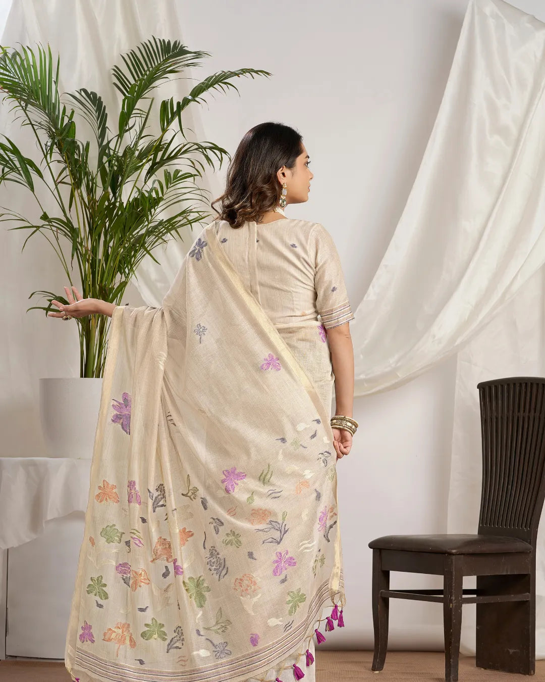 Mocha Radiance - Chikoo Muga Cotton Saree with Fancy Jari Border and Floral Pallu