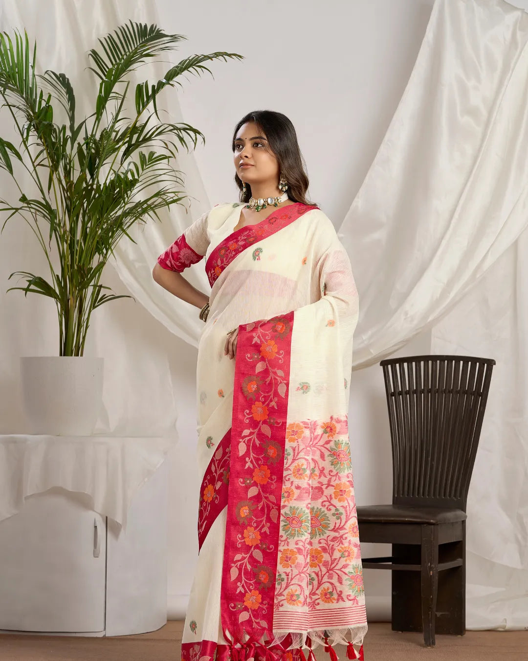 Pearl Blossom – White Muga Cotton Saree with Floral Artistry