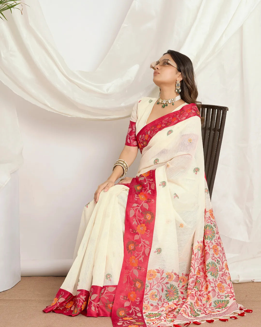 Pearl Blossom – White Muga Cotton Saree with Floral Artistry