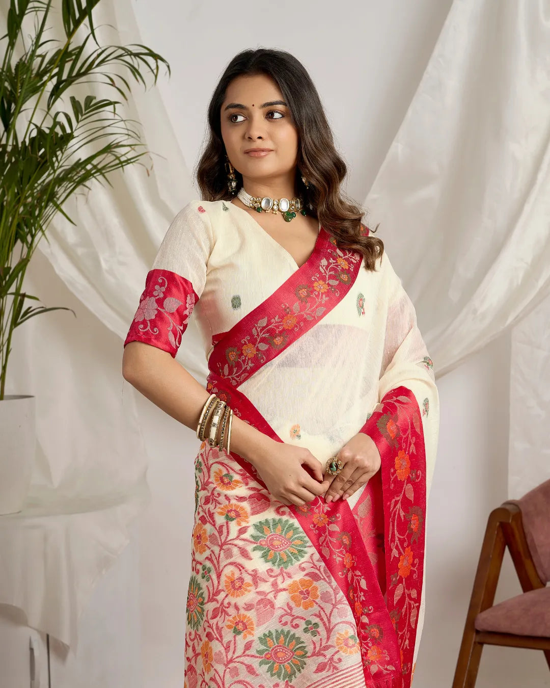 Pearl Blossom – White Muga Cotton Saree with Floral Artistry