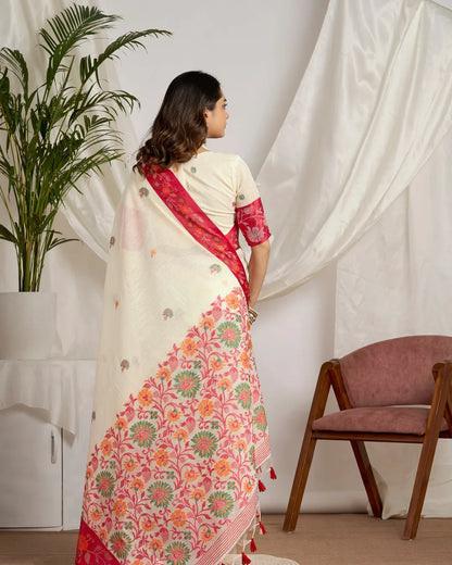 Pearl Blossom – White Muga Cotton Saree with Floral Artistry