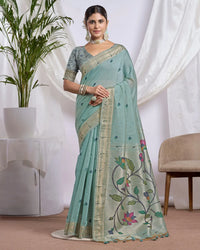 Sky Blue Muga Cotton Saree with Floral Jari Border