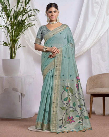 Sky Blue Muga Cotton Saree with Floral Jari Border