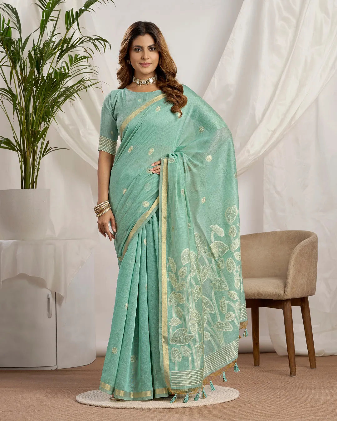 Sky Blue Muga Cotton Jamdani Saree with Jari Border