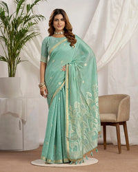 Sky Blue Muga Cotton Jamdani Saree with Jari Border