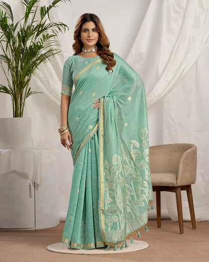 Sky Blue Muga Cotton Jamdani Saree with Jari Border