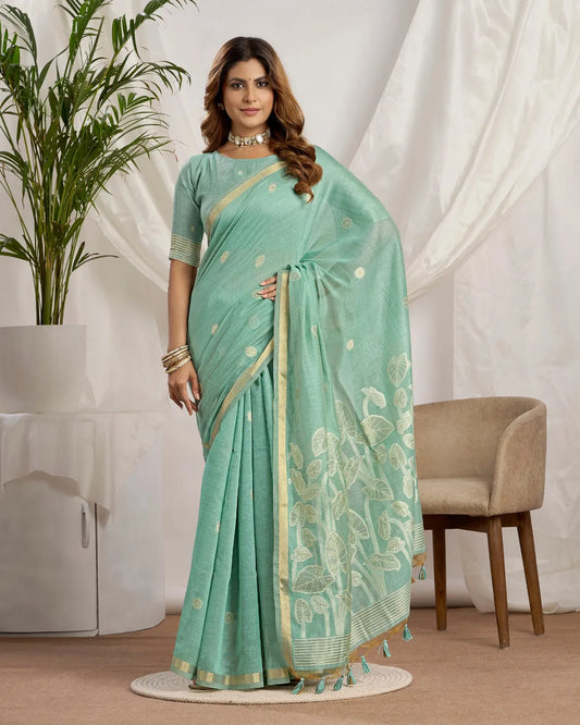 Sky Blue Muga Cotton Jamdani Saree with Jari Border