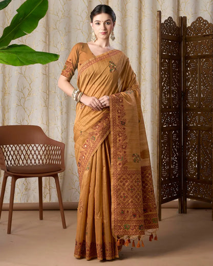 Yellow Chikoo Jamdani Tassar Silk Saree with Resham Border